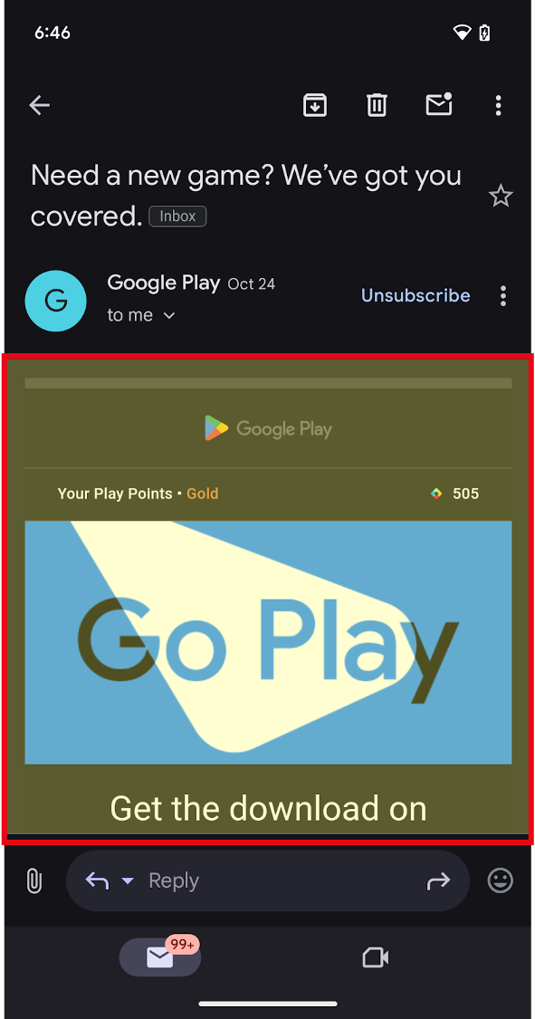 Android 應用程式開啟 Google Play，主要網頁檢視畫面以紅色方塊醒目顯示